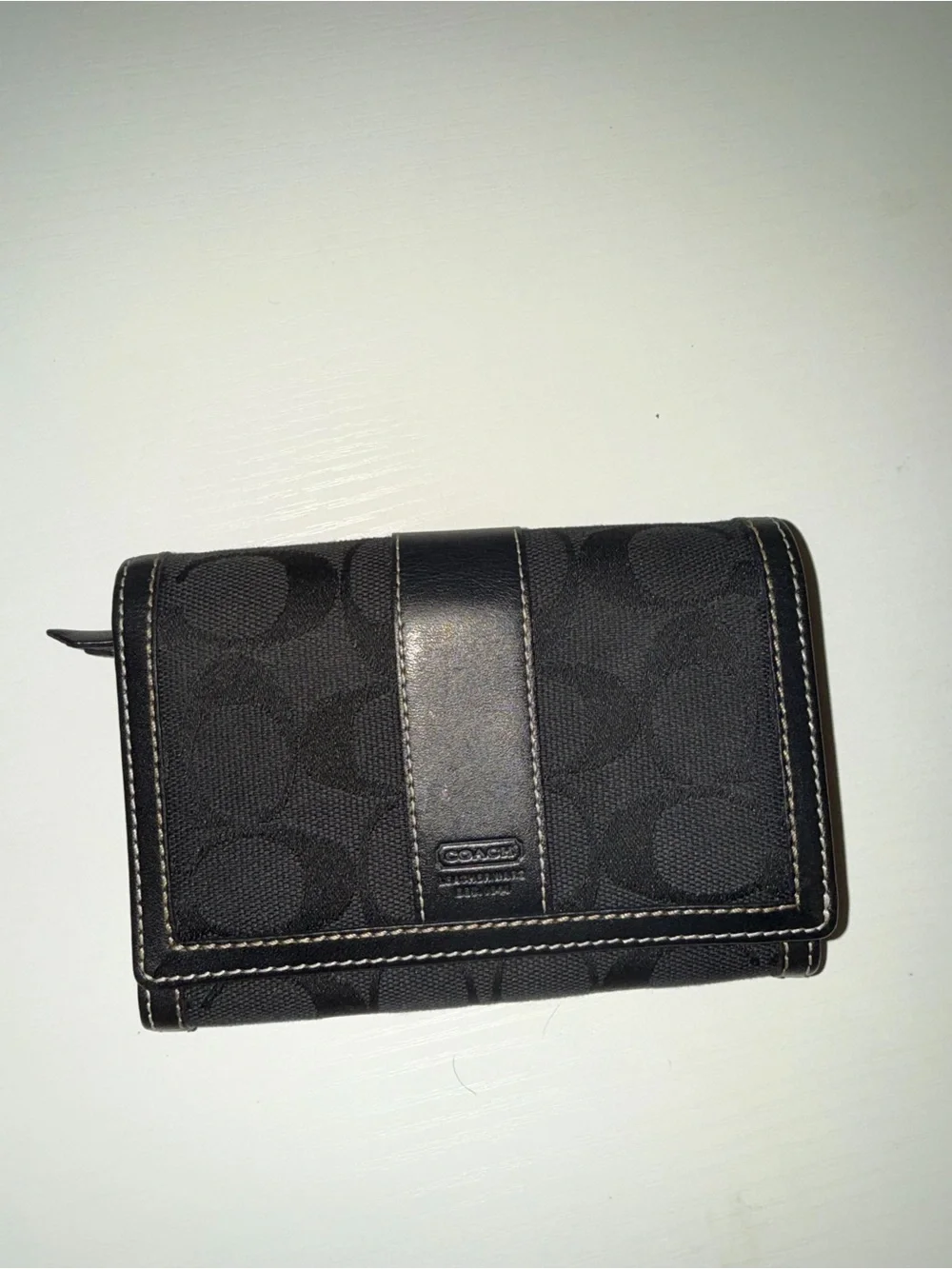 Coach Black Signature Canvas Trifold Wallet with Leather Trim